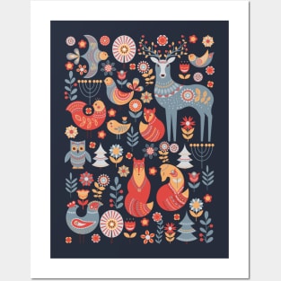 Forest animals and birds in the Scandinavian style. Posters and Art